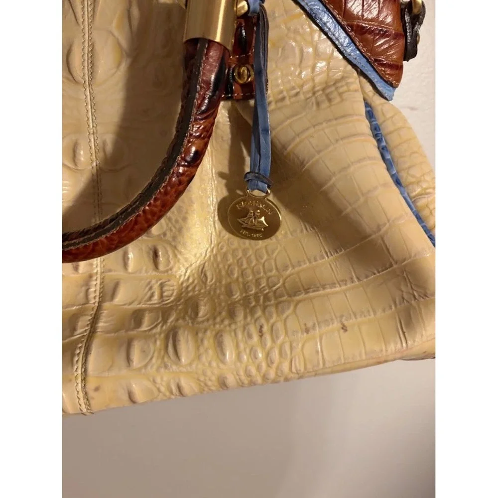 Brahmin Tri-Color Croc Embossed Leather Satchel Crossbody Bag Cream Brown Blue